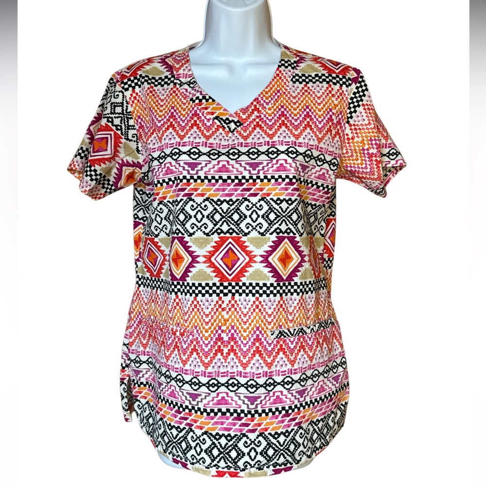 Bio Bring It On Colorful Geometric Print Women's Scrub Top Size XS